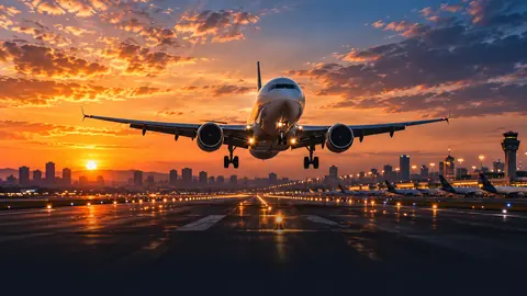 Avião pousando ao pôr do sol: transfer privativo para aeroportos de São Paulo
